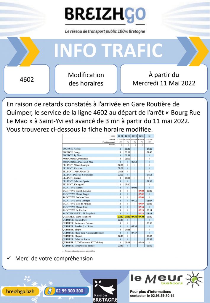 nous constatons des retards à l'arrivée en Gare routière de Quimper. De ce fait, le service de la ligne 4602 au départ de l'arrêt "Bourg, rue Le Mao" à St Yvi est avancé de 3 min à partir du 11 mai