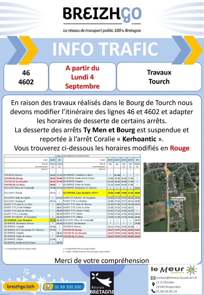 Travaux a Tourch à partir du 4 septembre sur les lignes Breizhgo 46 et breizhgo 4602